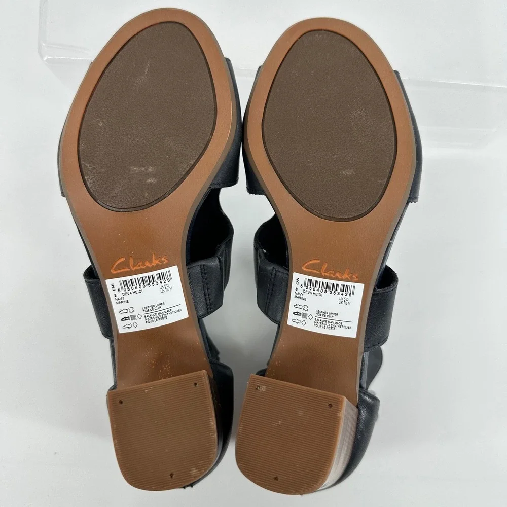 Clarks Deva Heidi Sandals Womens 7.5 Navy Blue Leather Block Heel Comfort - Picture 6 of 9